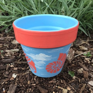 Hand Painted Terra Cotta Flower Pot: Sky Blue Coral Seashells, Personalized
