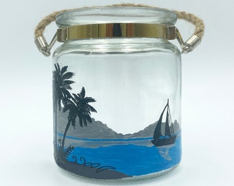 Palm Tree and Sail Boat Candle Holder - Glass Lantern with Rope Handle - Glass Tabletop Lantern - Nautical Candle Holder