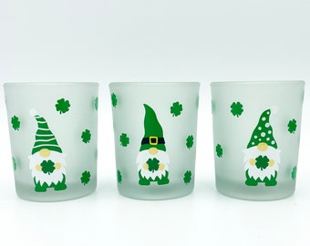 Set of 3 St. Patrick Gnomes Glass Votive Candle Holders - St. Patrick's Day Votive Candle Holder Set - Gnome Votive Holders