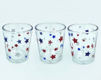 Set of 3 Vinyl 4th of July Glass Votive Candle Holders - Red White and Blue Stars Votive Candle Holder Set - Independence Day Votive Holders