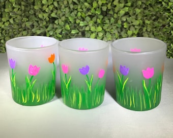 Set of 3 Hand Painted Tulips Votive Candle Holders - Hand Painted Tulip Frosted Glass Candle Holders