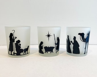 Nativity Scene Votive Candle Holders - Frosted Glass Set of 3