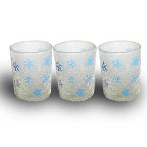 Set of 3 Glittery Snowfllakes Votive Candle Holders - Snowflake Frosted Glass Candle Holders