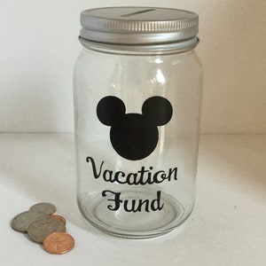 Personalisierte Einmachglas Mickey oder Minnie Ohren Ferien Fund Bank - Geld Jar - Einmachglas Fund - Glas Spardose - Einmachglas Bank