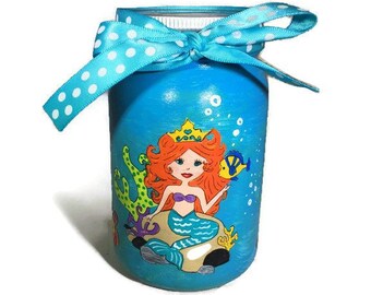 Salvadanaio in barattolo di vetro dipinto a mano a forma di sirena personalizzato - Fondo per monete