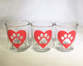 Set of 3 Valentine Votive Candle Holders - Hearts with Paw Prints Votives - Clear or Frosted Glass Valentine Candle Holders