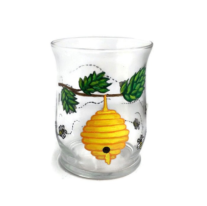 Hand Painted Bee Hive Glass Candle Holder