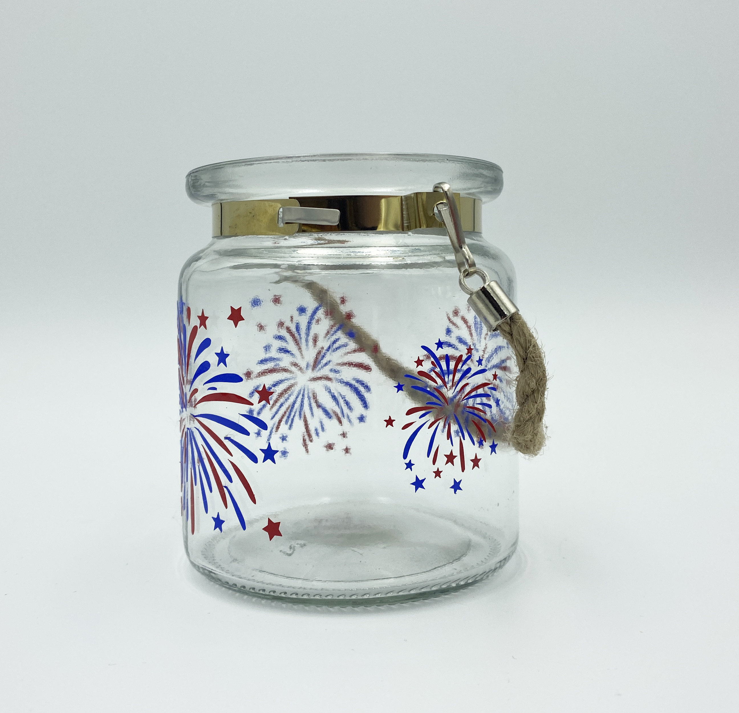 4th of July Fireworks Candle Holder Glass Lantern with Rope Handle Glass Tabletop Lantern