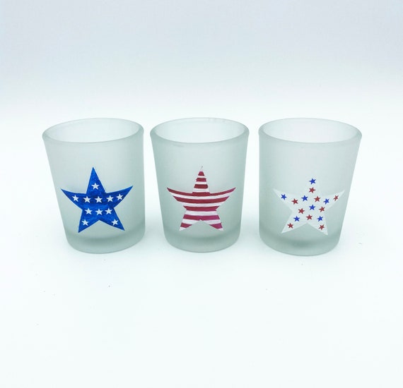 Set of 4th of July Glass Votive Candle Holders - Hand Painted Star Votive Candle Holder Set - Independence Day Votive Holders
