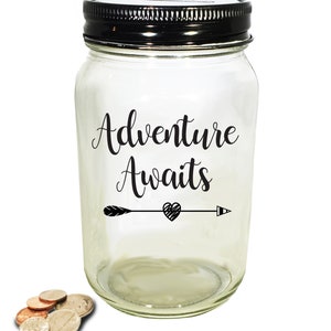 Personalized Adventure Awaits Vacation Fund Bank - Money Jar - Mason Jar Fund - Glass Coin Bank - Mason Jar Bank