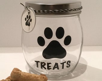 Personalized Dog Treat Jar: Glass Canister with Paw Print Tag