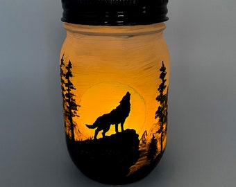 Wolf Mason Jar Lantern - Howling Wolf Luminaire - Flameless Votive Holder - Mason Jar Nightlight