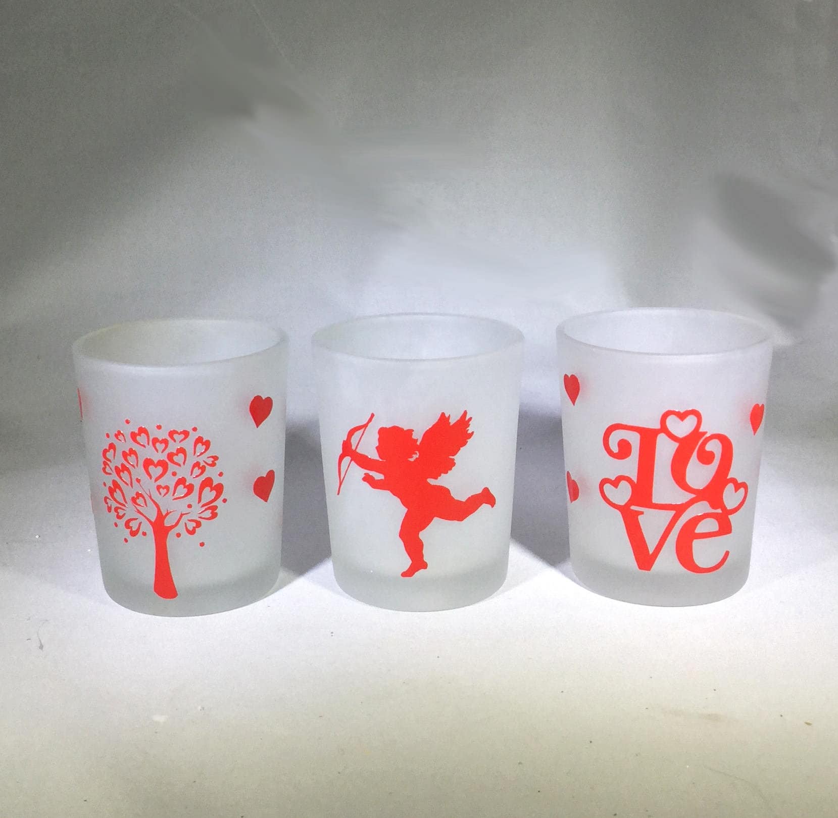Set of 3 Valentine Votive Candle Holders Cupid, Hearts, Happy Valentine's Day, Love, Kiss