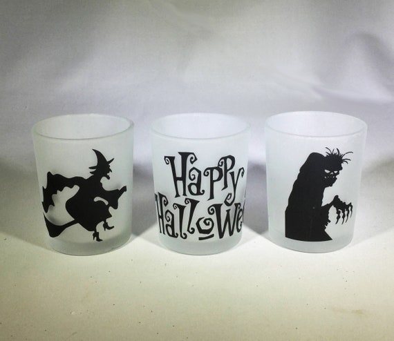 Halloween Votive Candle Holder Set: Witch, Zombie, Cat & Bat Silhouettes