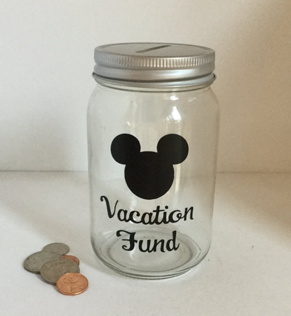 Personalized Mickey/Minnie Vacation Fund Jar: Glass Coin Bank