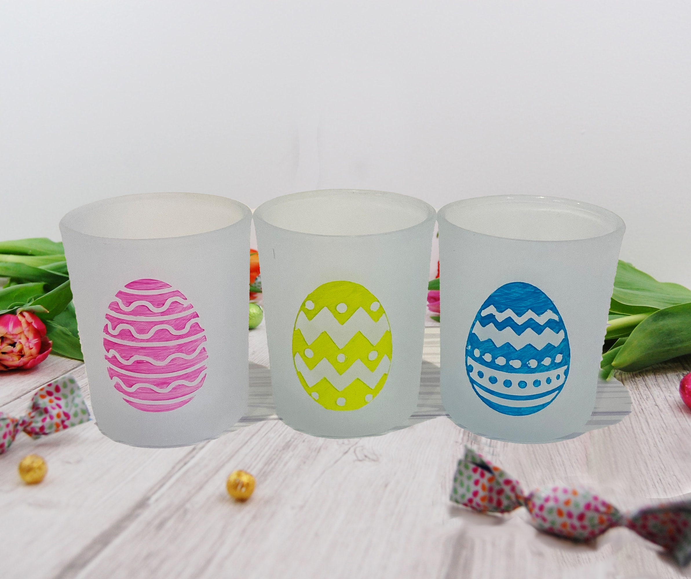 Hand Painted Easter Votive Candle Holders Set of 3 Easter Bunnies, Easter Eggs, Cross Candle