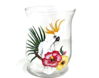 Hand Painted Cockatoo Glass Candle Holder