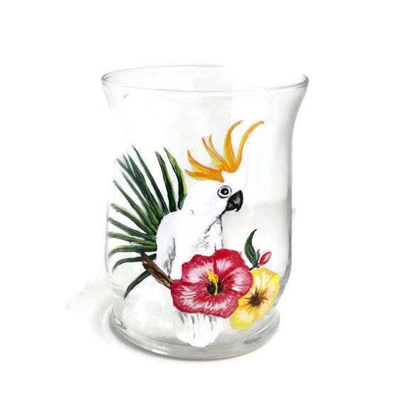 Hand Painted Cockatoo Glass Candle Holder