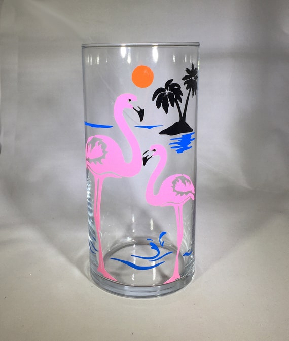 Flamingo Vinyl Glass Cylinder Vase – Tropical Decor, Gift Wrapped