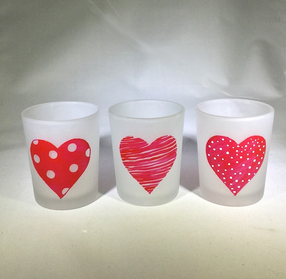 Hand Painted Hearts Glass Votive Candle Holders - Valentine's Day Decor (Set of 3)
