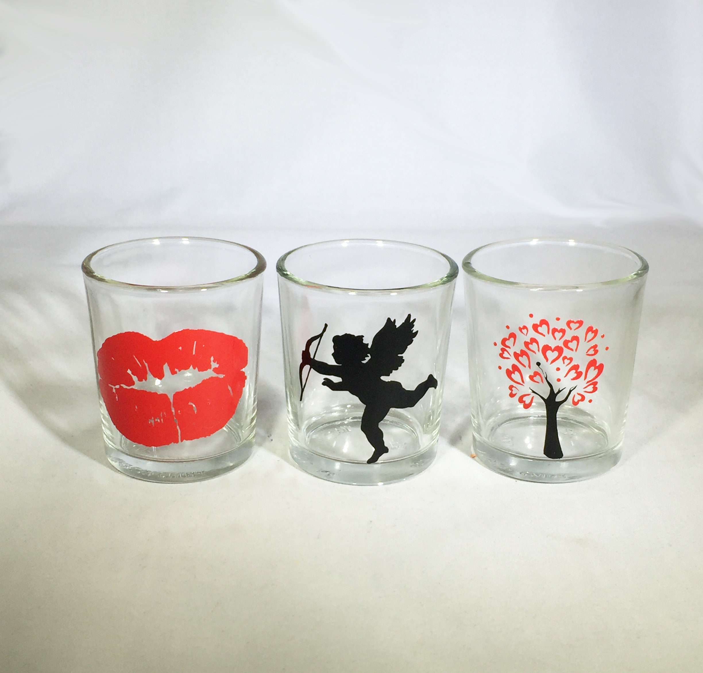 Set of 3 Valentine Votive Candle Holders Clear or Frosted Glass