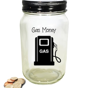 Personalized Mason Jar &quot;Gas Money&quot; Bank - Gas Money Savings Bank - Gas Money Jar - Gas Money Savings Jar - Glass Coin Bank