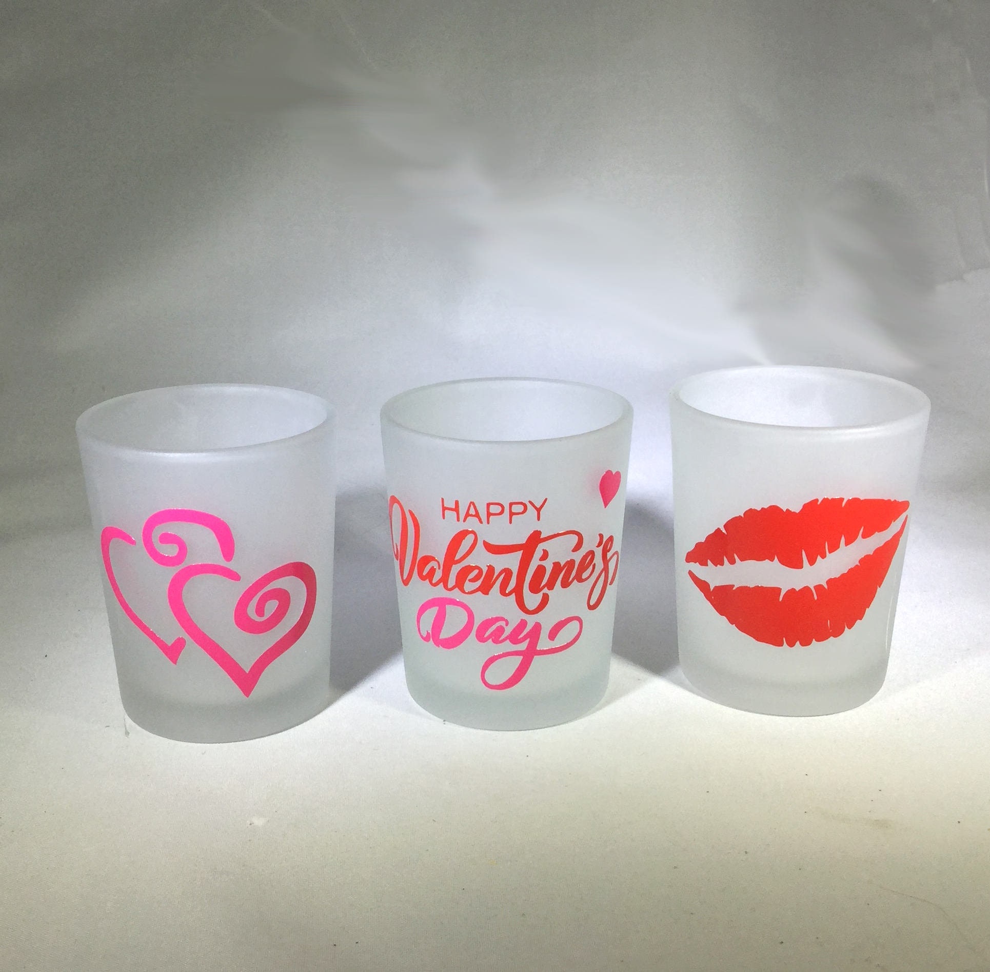 Set of 3 Valentine Votive Candle Holders Cupid, Hearts, Happy