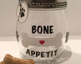 Personalized Dog Treat Jar - Dog Treat Container - Dog Biscuit Jar - "Bone Appetit" Dog Treat Canister