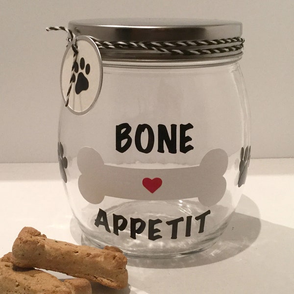 Personalized Dog Treat Jar - Dog Treat Container - Dog Biscuit Jar - "Bone Appetit" Dog Treat Canister