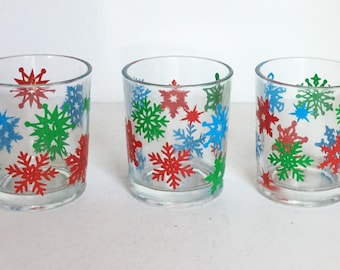 Colorful Snowflake Glass Votive Candle Holders - Set of 3