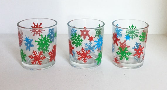Colorful Snowflake Glass Votive Candle Holders - Set of 3