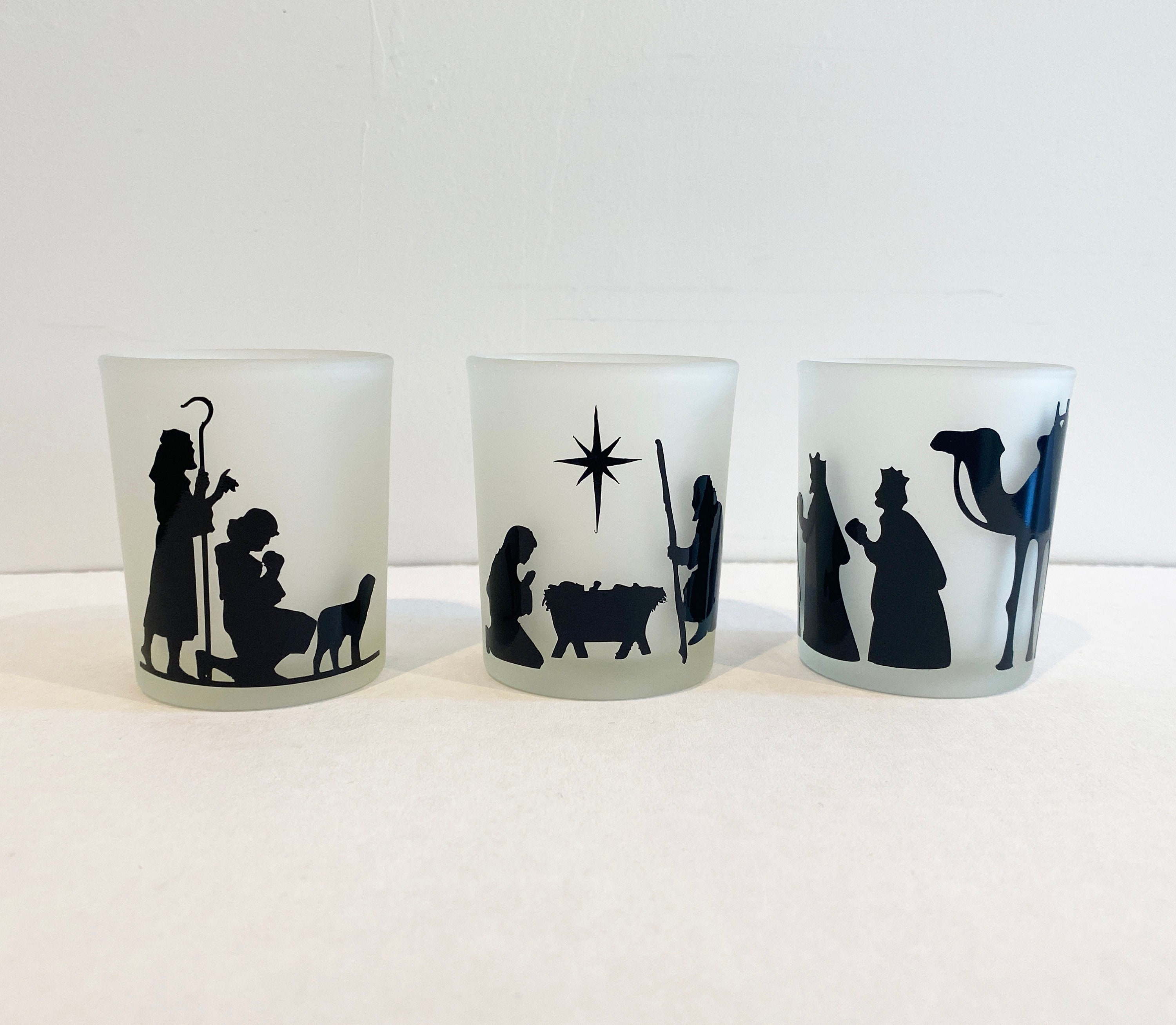 Votive Candle Holders Set of Nativity Scene Glass Candle Holders