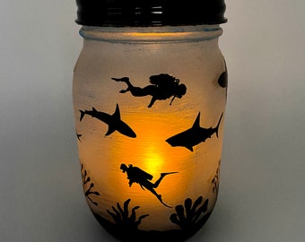 Shark Mason Jar Lantern - Shark Undersea Luminaire - Flameless Votive Holder - Mason Jar Nightlight