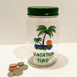Personalized Hand Painted Mason Jar Vacation Fund Bank - Vacation Fund Sunset Bank - Money Jar - Glass Coin Bank