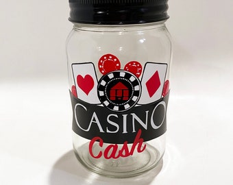 Personalized Casino Money Jar - Casino Cash Money Bank - Mason Jar Fund - Glass Coin Bank