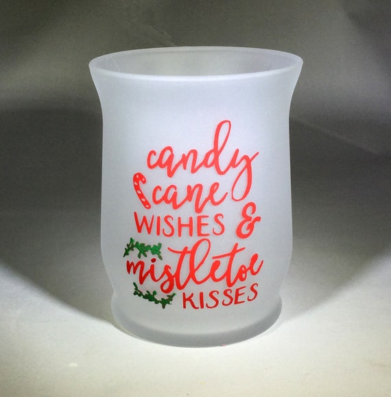 Candy Cane Wishes and Mistletoe Kisses Frosted Glass Candle Holder