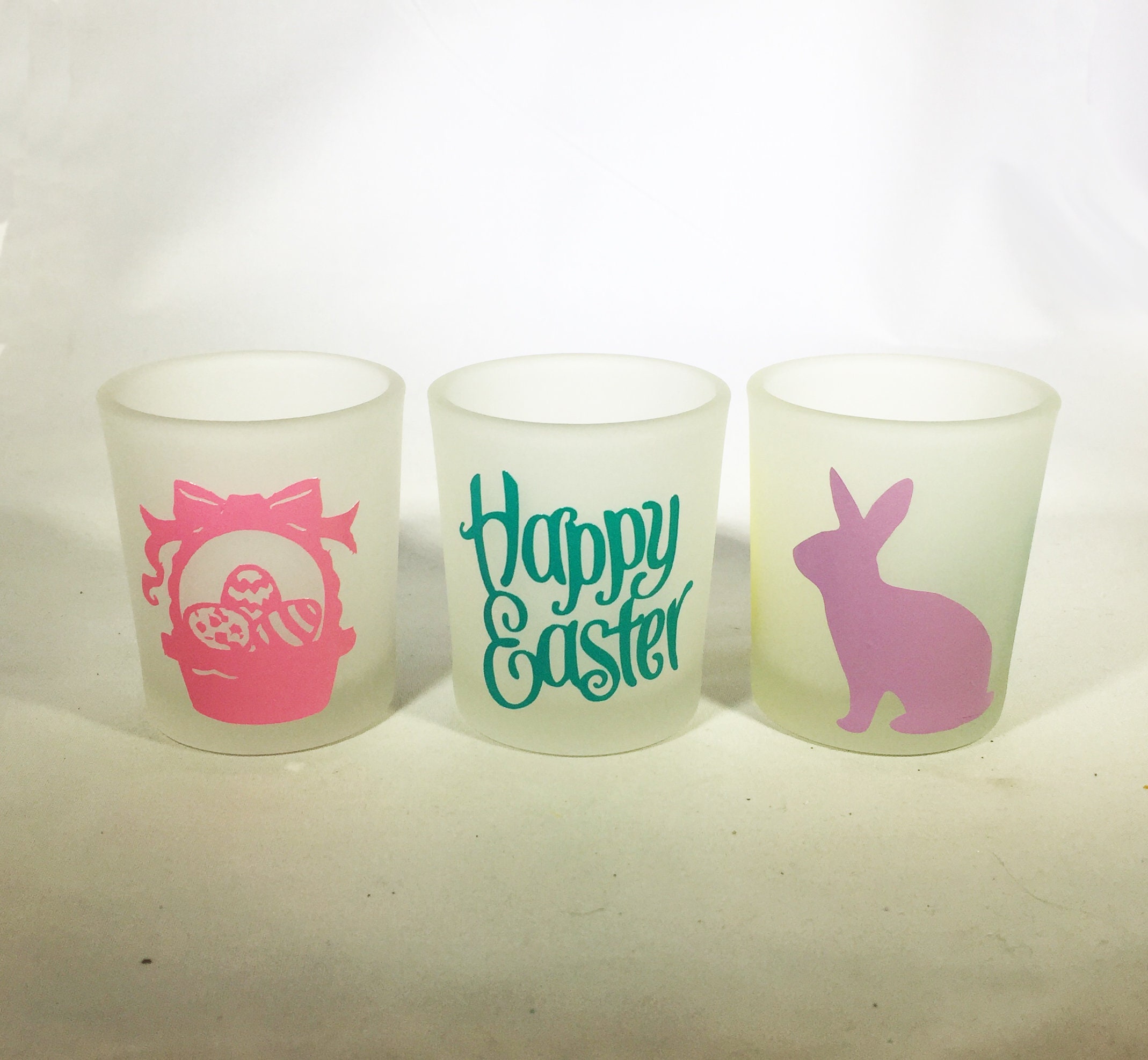 Set of 3 Easter Votive Candle Holders Easter Frosted Glass Candle Holders Easter Bunnies