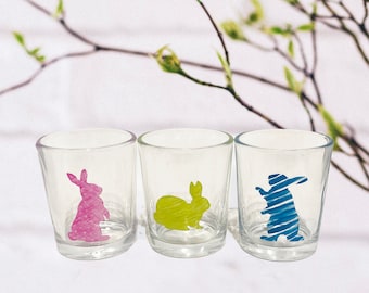 Set of 3 Hand Painted Easter Votive Candle Holders - Easter Bunnies Candle Holders