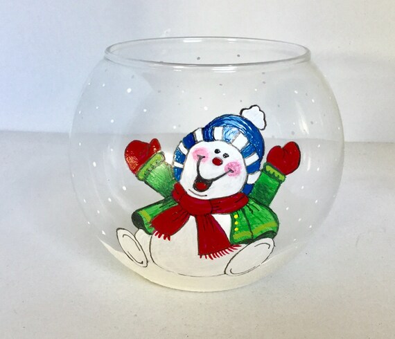Hand Painted Snowman Glass Candle Holder Bowl