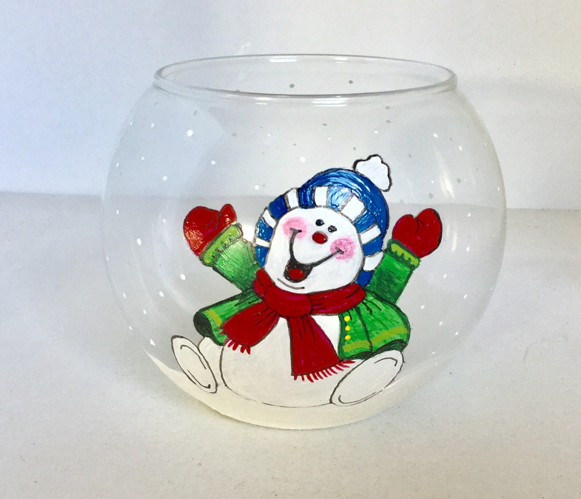 Hand Painted Snowman Glass Candle Holder Happy Snowman Glass Bowl