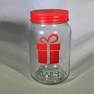 Personalized Mason Jar Christmas Savings Bank - Christmas Fund Bank - Savings Bank - Glass Coin Bank with Present