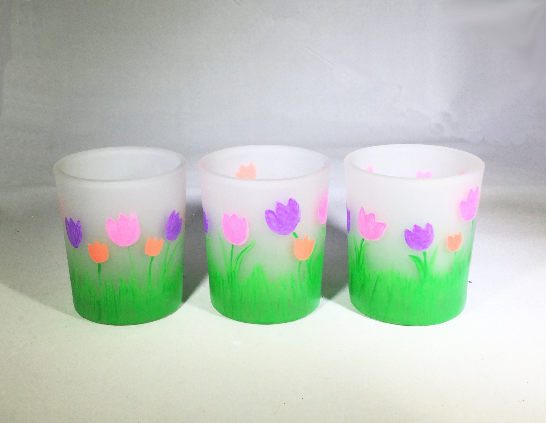 Set of 3 Hand Painted Spring Flowers Votive Candle Holders Spring