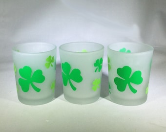 Set of 3 Vinyl Shamrock Votive Candle Holders - Shamrock Frosted Glass Candle Holders - St. Patrick&#39;s Day Candle Holders