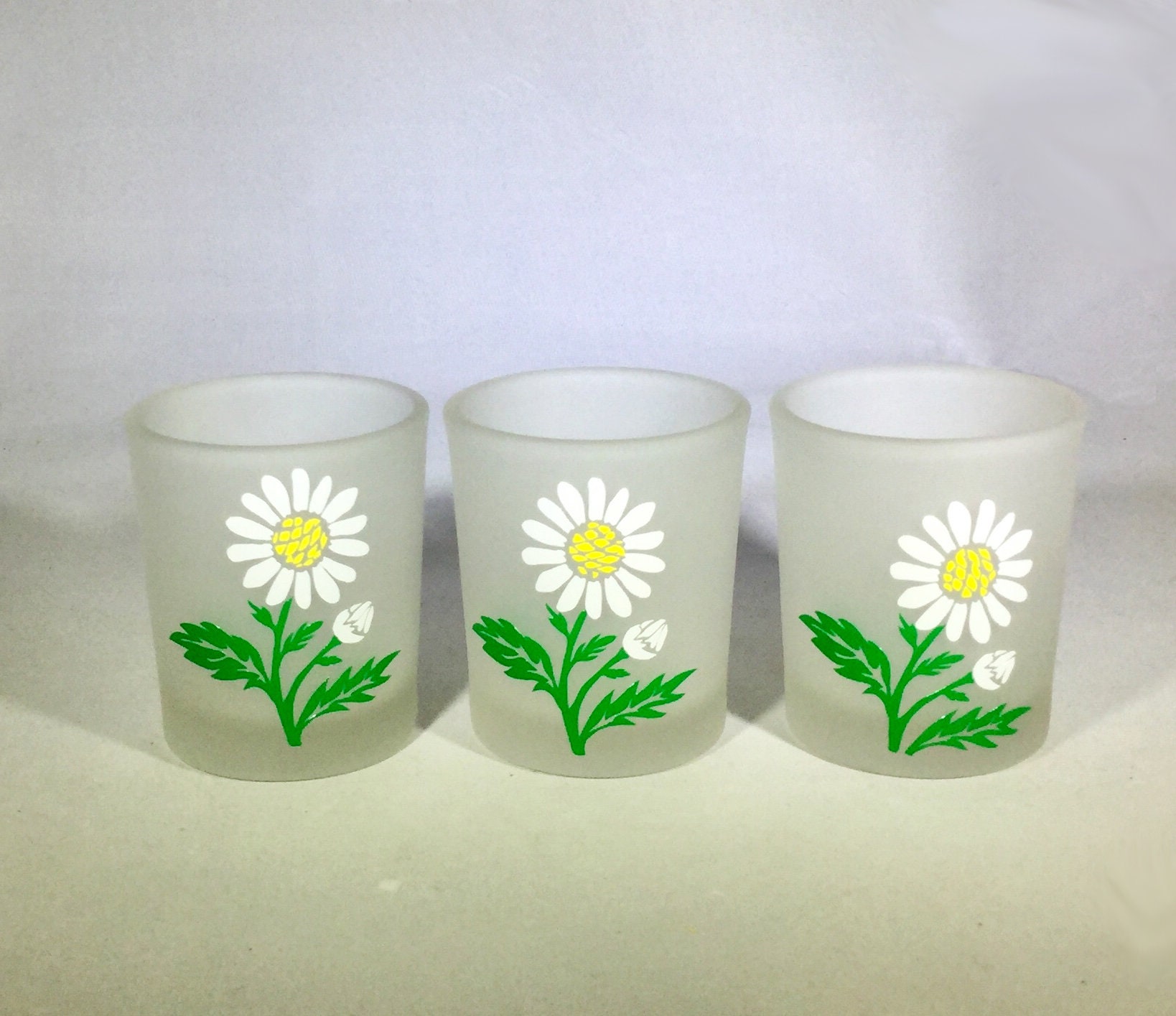 Set of 3 Spring Daisy Votive Candle Holders Spring Frosted Glass