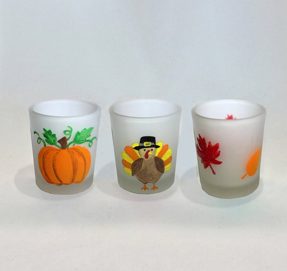 Hand Painted Thanksgiving Votive Candle Holders - Frosted Glass, Set of 3
