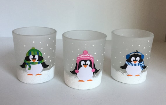 Penguin Votive Candle Holders - Hand Painted Frosted Glass - Set of 3