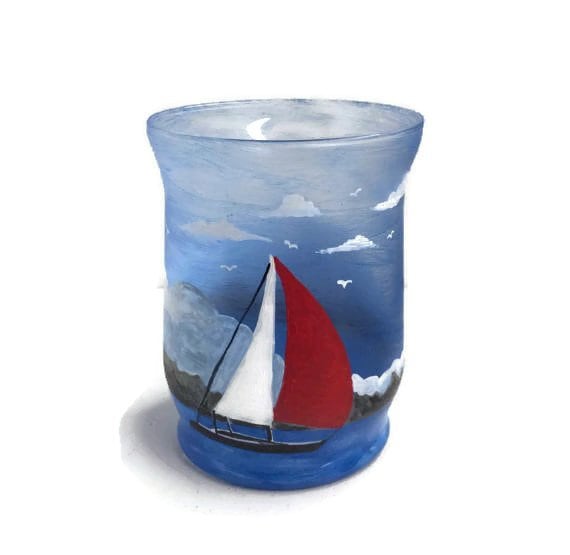 Hand Painted Sailboat Glass Candle Holder