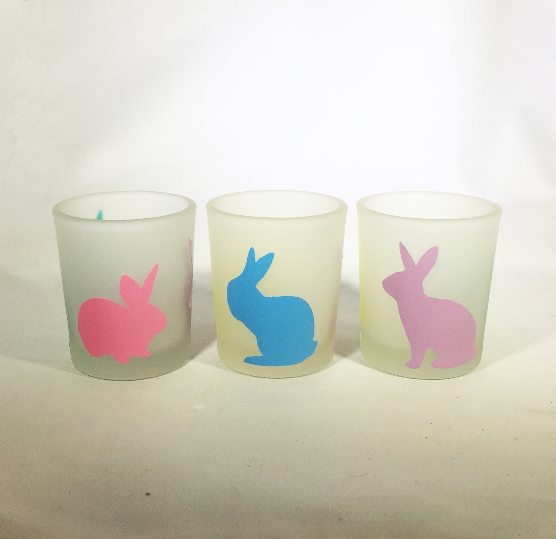 Set of 3 Easter Votive Candle Holders Easter Frosted Glass Candle Holders Easter Bunnies
