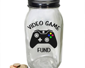 Banco de fondos de videojuegos Mason Jar personalizado - Caja de ahorros para videojuegos - Tarro de dinero para videojuegos - Tarro de ahorro para videojuegos - Banco de monedas de vidrio