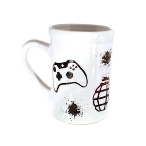 Hand Painted White Gaming Mug - Hand Painted Ceramic Video Game Coffee Mug